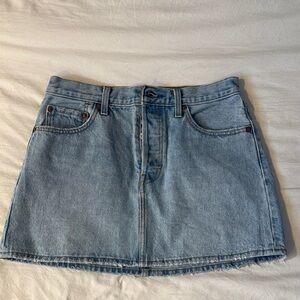 Classic Blue Denim Skirt. Front and center- light wash. Worn once. Size 27